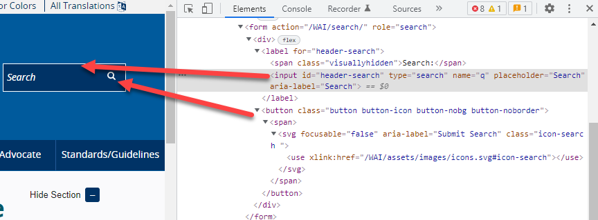 DevTools displays the HTML code beside the web page