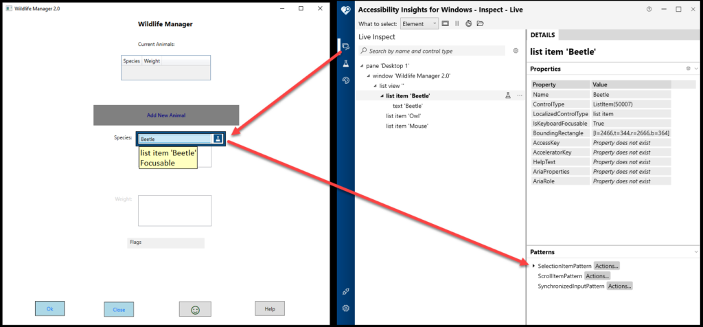 Select Inspect, then select an element in the application, then in Insights select a Pattern