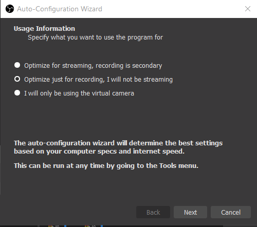 Auto-configuration wizard window with "Optimize just for recording, I will not be streaming"