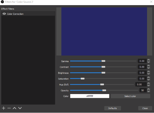 Color source filters window options