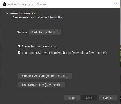 Select the stream service you would like to use from the drop down and connect to your account