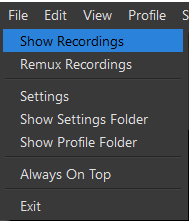 File menu highlighting 'Show Recordings' menu option
