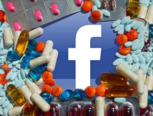 Pills surrounding a Facebook icon.