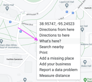 A screen capture of Google Maps. In the process of creating a map link to a place, the user right-clicked, causing a menu to pop up. Within the menu, 'What's here?' is highlighted with a magenta-coloured arrow.