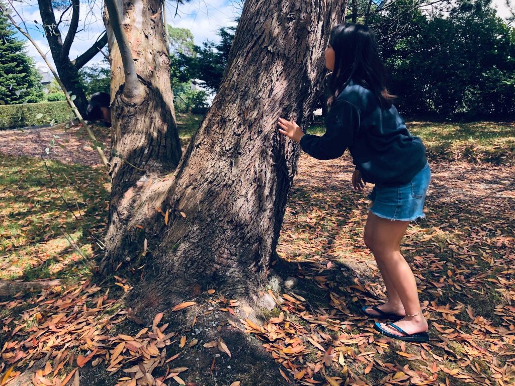 The image features a woman wearing a dark blue sweater and jeans shorts. She is bending toward a tree trunk, exploring its texture. On the ground, there are numerous yellow and orange leaves. In the background, some green trees and bushes are visible