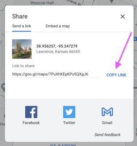 A screen capture image of Google Maps displays a menu that appeared after clicking on the 'Share' icon in the previous step. The menu presents two options: 'Send a link' and 'Embed a map.' The image shows the 'Send a link' option selected, with an image of the location and the place's address. Additionally, there is a shareable link provided. Within this menu, there is a 'Copy Link' option, highlighted with a magenta-colored arrow.