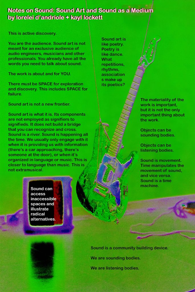 Digitally recolored, highly saturated photo of a broken guitar hanging from the ceiling by string. In the background is a small TV tilted on it's side. The words of the Notes on Sound manifesto by Lorelei d'Andriole and Kayl Lockett appear overlaid upon the image.