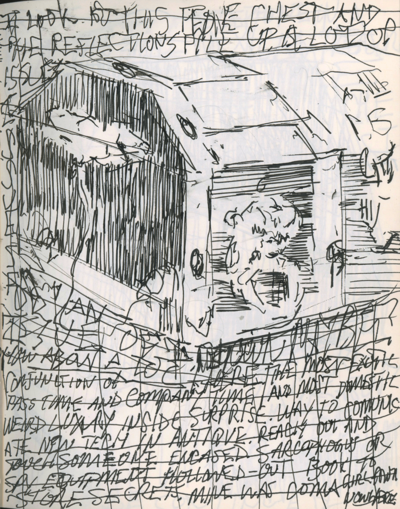 Pair of drawings of the treasure chest containing a telephone. Left drawing shows the chest closed; right shows it opened with the telephone receiver visible. Loose and rapid line work devolves into scribbles in numerous places. Background is filled with writing. Undisciplined penmanship and deliberate cross-outs render it too difficult to read.