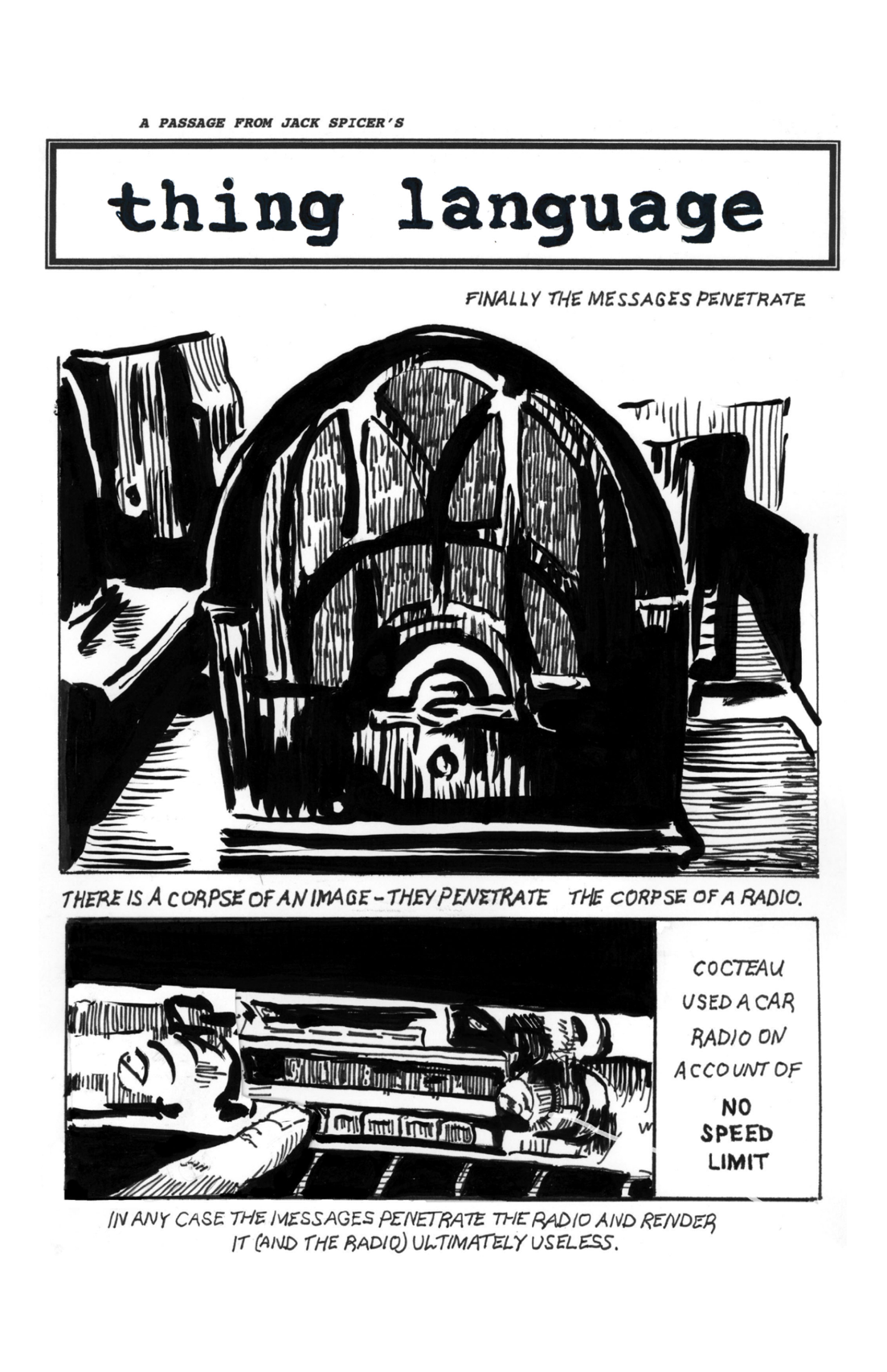 Top margin contains the words: A passage from Jack Spicer’s “Thing Language”Top panel: An old-fashioned table-top radio of the type used between the 1930s and 1950s. It’s wood case is spade shaped, tapering into a pointed arch. The image is accompanied by these words: Finally the messages penetrate. There is a corpse of an image—they penetrate the corpse of a radio Bottom panel: A car radio with analog pushbutton chanel keys being pushed by an extended finger. Accompanied by the following text: Cocteau used a car radio on account of NO SPEED LIMIT. In any case the messages penetrate the radio and render it (and the radio) ultimately useless.