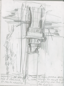 Left page, drawn in graphite is a gestural rendering of a fireplace column. There are numerous stray marks, indecipherable writing. There is no clear indication this is part of a fireplace. It could just as well be a series of blocks stacked vertically.