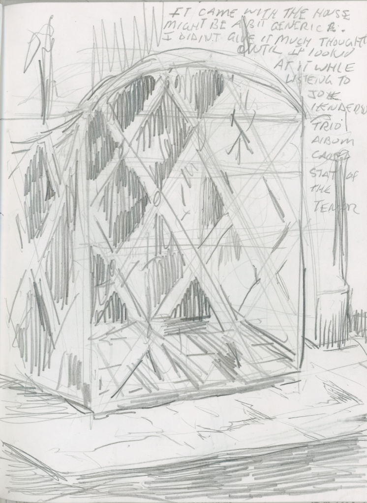 A gestural rendering of a fireplace grate and hearth, accompanied by hard to decipher text about a jazz trio. The grate resembles a folding screen or a triptych, style altarpiece. The grate is formed by numerous slats, forming a lozenge lattice pattern.