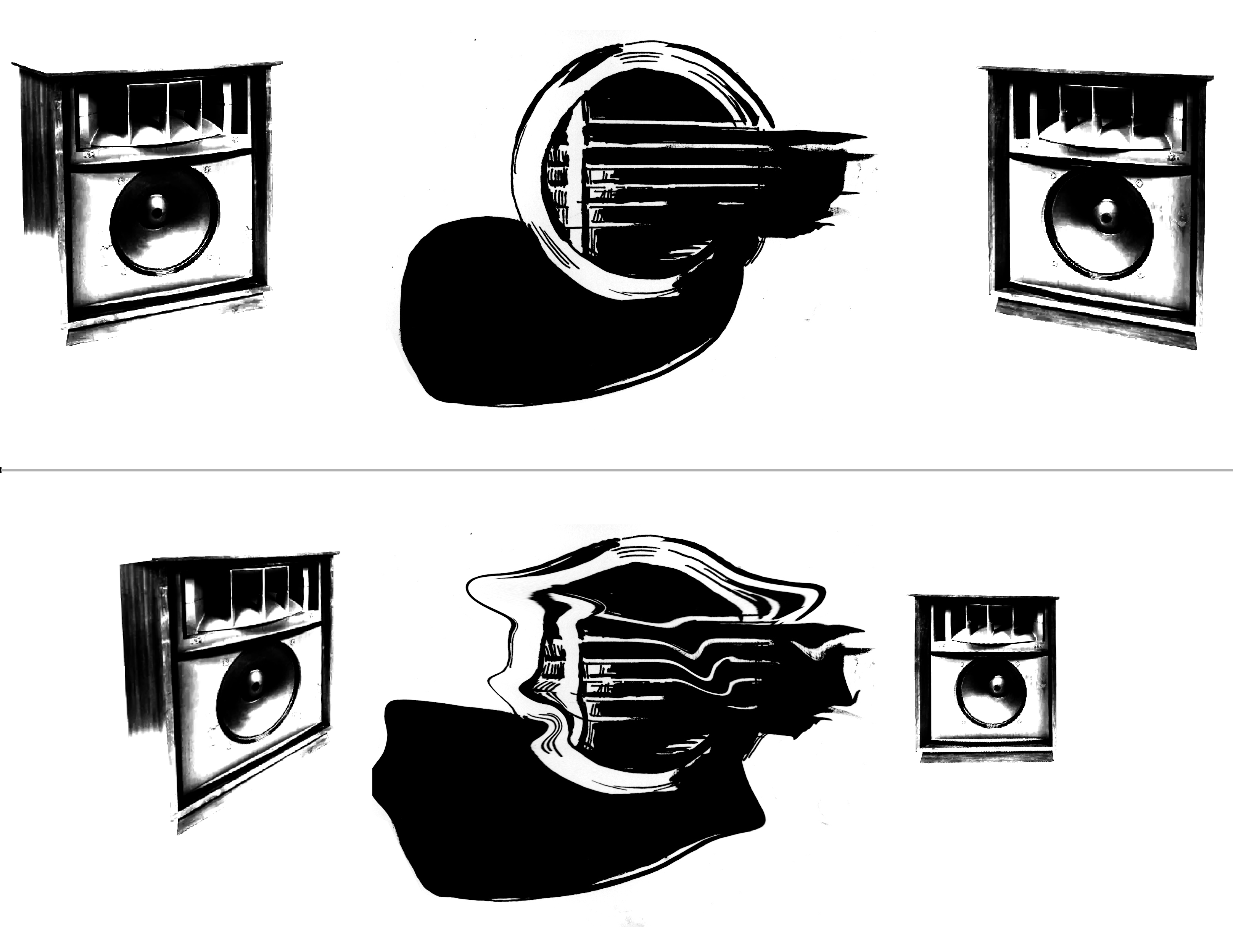 Image is horizontally divided into two panels. Top panel shows an acoustic guitar closeup, between two symmetrically placed speakers. Bottom half shows the same guitar and speakers but the speakers are not angled symmetrically and the guitar image is blurred and warped looking.