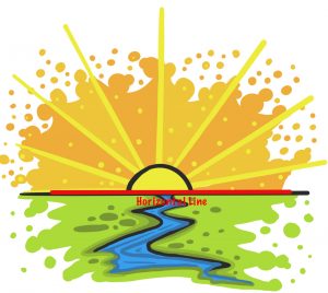 A sun is rising from the horizon. The horizontal line is labelled on the ground.