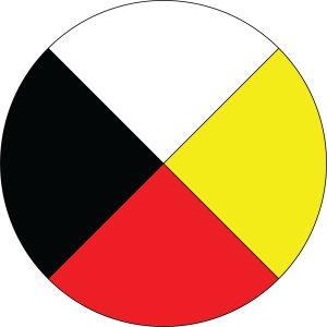 a medicine wheel. It is a circle which is divided into four quadrants. The quadrants are coloured in different colours - white, yellow, red, and black.