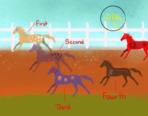 Five horses are racing. The fastest one is labelled as first. The ones follow are labelled as second, third, fourth, and fifth. The horse running in number five in the race is labelled as fifth.