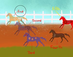 Five horses are racing. The fastest one is labelled as first. The ones follow are labelled as second, third, fourth, and fifth. The fastest running horse is labelled as first.