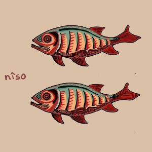 two fishes. Two is written as niso in Cree.