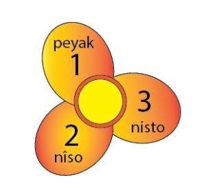 There is a flower with three pedals. Each of them is numbered as 1 (peyak), 2 (niso) and 3 (nisto).