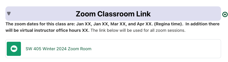 Sample image of zoom link appearing in UR Courses