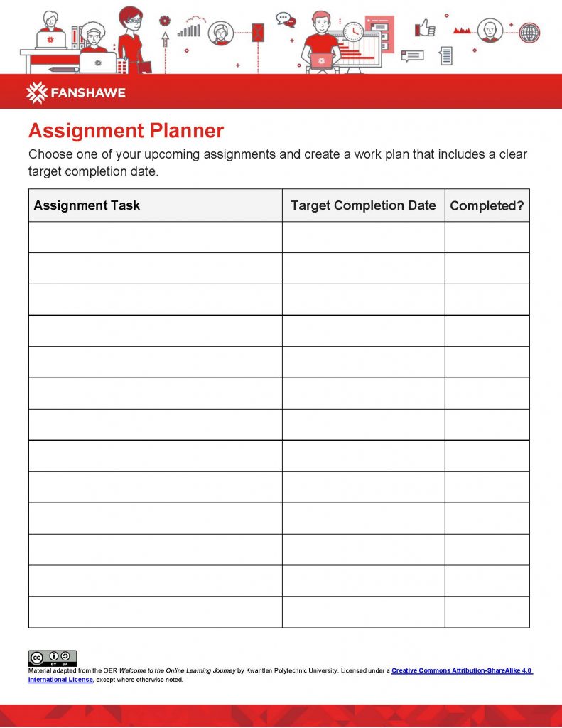Assignment Planner Worksheet Screen Capture
