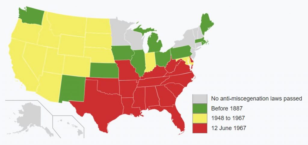 most states had anti-miscegenation laws until at least the 1940s.