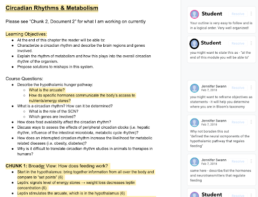 Screenshot of Google document on Circadian Rhythms & Metabolism showing learning objectives, course questions, and an outline of the chapter. Some text is highlighted, corresponding to comments from students and faculty on the right sidebar